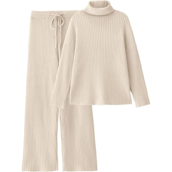 Sweaters - Women's Cozy Knit Two Piece Lounge Set Turtleneck Wide Leg Pants Casual